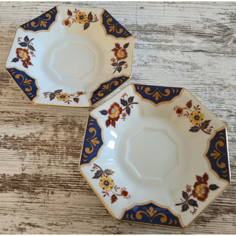 Mikasa Far East L6104 Saucers Set of 2 Octagonal Fine China Japan Cobalt Gold